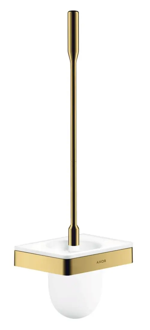 Wandmontierter Toilettenbürstenhalter in Polished Gold Optic von AXOR mit quadratischer Basis und einem glatten, langen Griff.